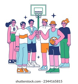 Streetball game. Team players play basketball outside. Teen or young adult characters in a sportswear play with a ball. Flat vector illustration.