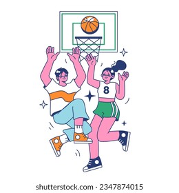 Streetball game. Team players play basketball outside. Teen or young adult characters in a sportswear play with a ball. Flat vector illustration.