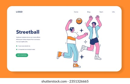 Streetball game web banner or landing page. Team players play basketball outside. Teen or young adult characters in a sportswear play with a ball. Flat vector illustration.