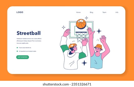 Streetball game web banner or landing page. Team players play basketball outside. Teen or young adult characters in a sportswear play with a ball. Flat vector illustration.