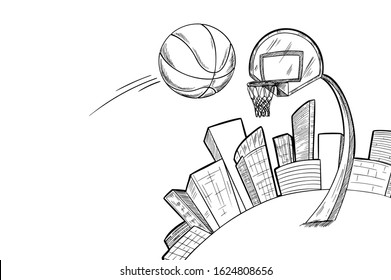 Streetball urban playground, ball is flying to the basket, hand drawn vector illustration, ink sketch