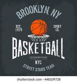 Streetball Or Urban Sport Team Badge Or Sign, Logo Or Banner Of Orange Ball Above Basket With Net. Varsity Design For Street Sportswear Or Sport Gear Logotype On T-shirt