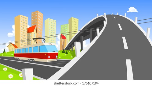 Streetcar coming under the bridge