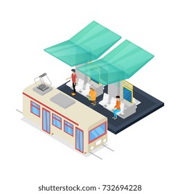 Streetcar stop isometric 3D icon. City public transport, modern town waiting station, urban and countryside traffic concept with vehicle vector illustration.