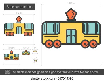Icono de línea vectorial del tranvía de tranvía de tranvía de tranvía de tranvía de tranvía aislado en fondo blanco. Icono de la línea de tranvía de tranvía para infografía, sitio web o aplicación. Icono escalable diseñado en un sistema de cuadrícula.