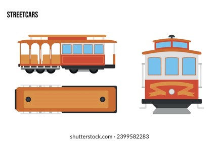 Streetcars Flat design illustration, Public Vehicles , top view, side view, front view, isolated by white background