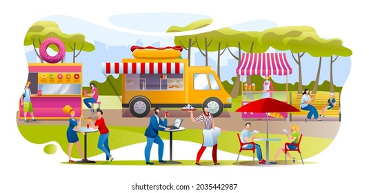 Streetfood in park, vector illustration. Man woman people character eating donuts, hot dog and ice cream outdoor, flat festivale with foodtruck cafe