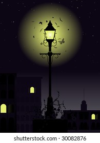 Streetlamp surrounded by swarm of moths vector illustration