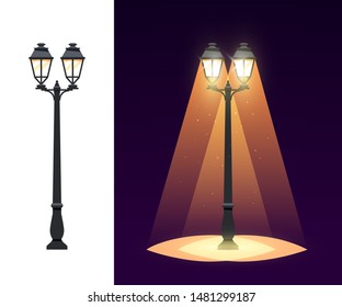 Streetlight concept. Garden lantern isolated on white background and illuminated lamp on dark layout, vector illustration
