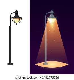 Streetlight Concept. Garden Lantern Isolated On White Background And Illuminated Lamp On Dark Layout, Vector Illustration