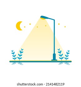 Streetlight lamp poles illumination at night time in the park with moon stars on white background flat icon vector design.