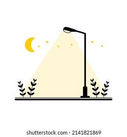 La iluminación de los postes de las lámparas de vía en el parque con estrellas de luna sobre fondo blanco diseño vectorial de icono plano.