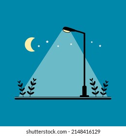 Streetlight lamp poles illumination at night time in the park with moon stars on blue background flat icon vector design.