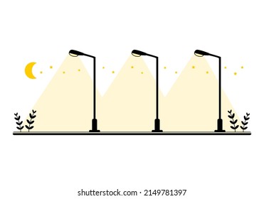 Streetlight lamp poles illumination at night time in the park with moon stars on white background flat icon vector design.