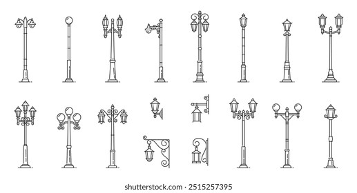 Farola, farola, linternas de pilares, iconos de línea, conjunto de Vectores con accesorios de alumbrado público tradicionales y modernos. Elementos arquitectónicos de iluminación exterior, farolas urbanas monocromáticas lineales