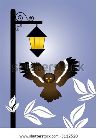 streetlight at night with owl and leaves vector