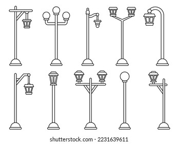 Streetlight streetlamp linear lamppost. Coloring book page vintage street lantern poles. Urban electric illumination pillars. Retro lamp post with gas or light bulbs. City park square garden exterior