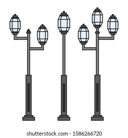 Streetlight vintage lamp icons isolated on white background. Flat colorful design. Vector illustration  of traditional street lamps.