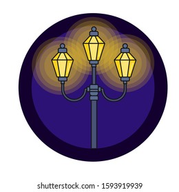 Streetlight vintage lamp shining at night. Icon isolated on white background. Flat colorful design. Vector illustration  of traditional street lamps.