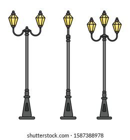 Streetlight vintage lamps with turned on light. Icons isolated on white background. Flat colorful design. Vector illustration  of traditional street lamps.