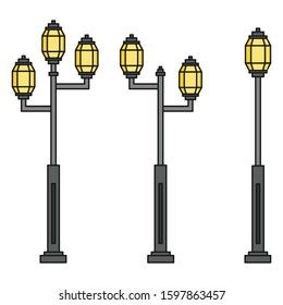 Streetlight vintage lamps with turned on light. Icons isolated on white background. Flat colorful design. Vector illustration  of traditional street lamps.