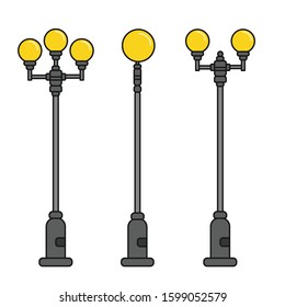 Streetlight vintage lamps with turned on light. Icons isolated on white background. Flat colorful design. Vector illustration  of traditional street lamps.