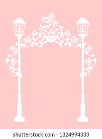 Streetlights Among Rose Flowers Making A Floral Arch Passage - Wedding Invitation White Silhouette Vector Design