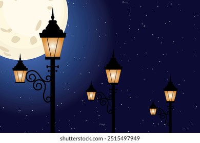 Farolas de la farola de noche con luna grande y estrellas