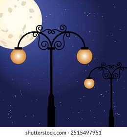 Farolas de la farola de noche con luna grande y estrellas