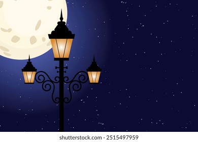 Farolas de la farola de noche con luna grande y estrellas