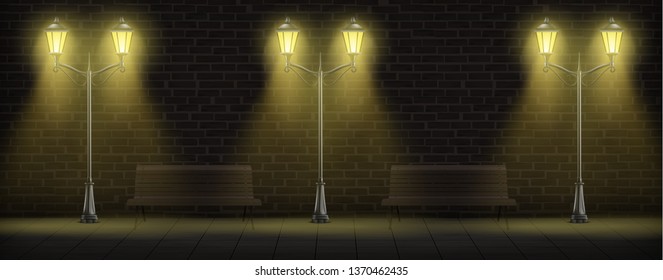 Streetlights on brick wall background with wooden benches. Luminous vintage street lights or lampposts on forged steel poles for urban design. Retro city lanterns. Realistic 3d vector illustration.