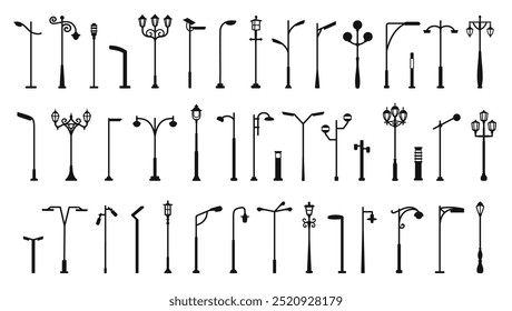 Streetlights silhouettes. Outdoor lighting lamp posts, street light poles and park illumination. Vintage lanterns and modern streetlights shapes vector set.