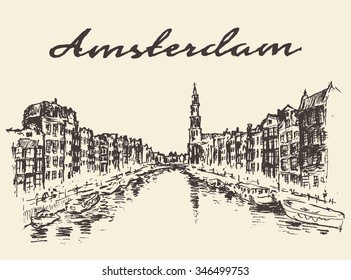 Streets in Amsterdam, vector illustration, hand drawn, sketch