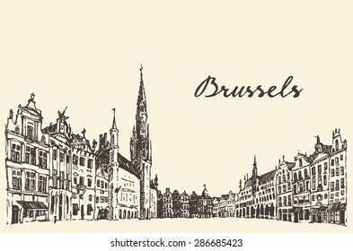 Streets in Brussels, vintage vector engraved illustration, hand drawn, sketch