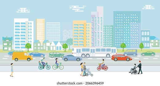 Straßen mit Autos, Fußgängern und Häusern, Illustration