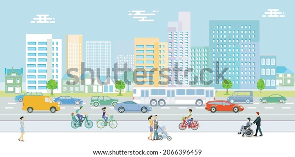 Streets\
with cars, pedestrians and houses\
illustration