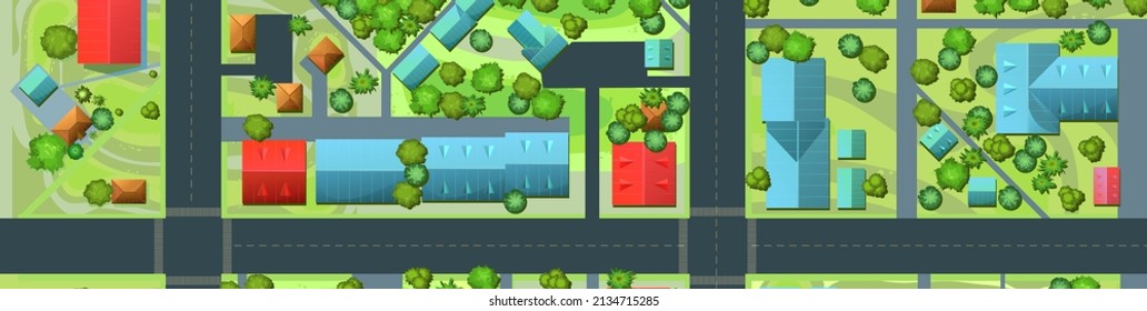 Streets Of City. Top View From Above. Small Town House And Road. Map With Roads, Trees And Buildings. Modern Car. Horizontal Background Image. Cartoon Cute Style Illustration. Vector.