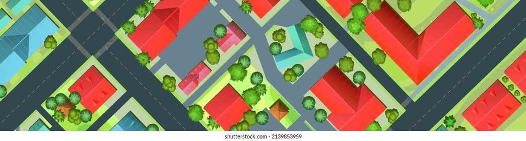 Streets of city. Top View from above. Small town house and road. Horizontal background image. Map with roads, trees and buildings. Modern car. Cartoon cute style illustration. Vector.