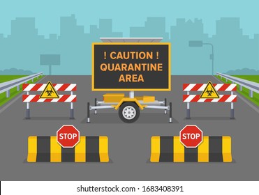 The streets of city under quarantine. Closed city road with transportable variable message sign. Electronic led road sign display. Flat vector illustration.