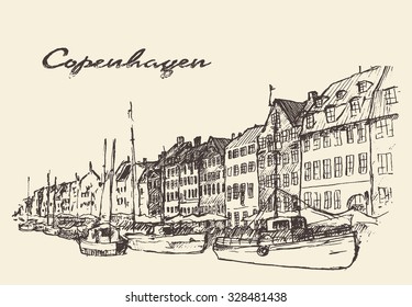 Streets in Copenhagen, Denmark, vintage engraved illustration, hand drawn