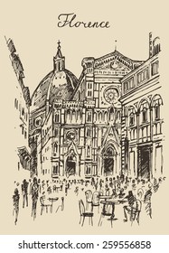 Streets in Florence (Italy), Trevi Fountain, hand drawn vector illustration, sketch, engraved style