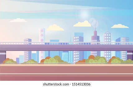 Streets and highways of big city vector, flat urban area. Bushes and greenery of town, bridge and skyscrapers, realistic metropolitan exterior scenery. Highway overpass and city skyline in sunlight