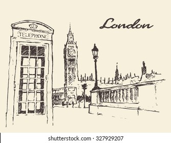 Streets in London (England) with London Bus, Big Ben and red telephone box, vintage engraved illustration, hand drawn