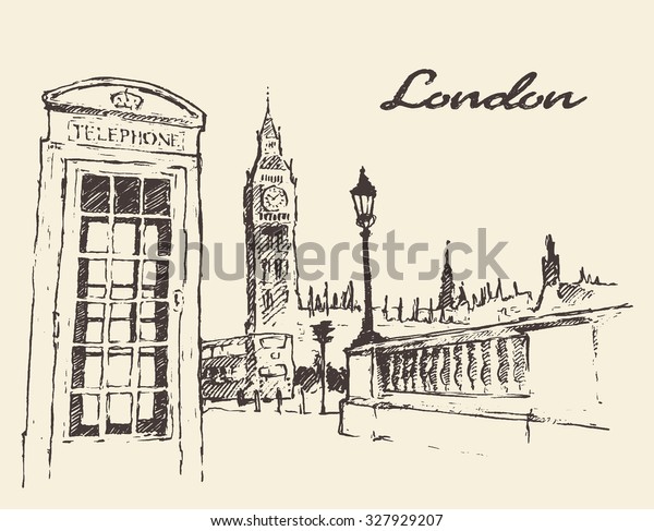 ロンドン イギリス の街頭とロンドンバス ビッグベン 赤い電話ボックス ビンテージの彫刻イラスト 手描きの のベクター画像素材 ロイヤリティフリー