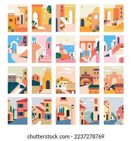 Streets of old cities, cityscapes and skylines. Architecture and buildings, houseplants outdoors and landscapes with flowers and bushes. Italian or Greek towns lifestyle. Vector in flat style