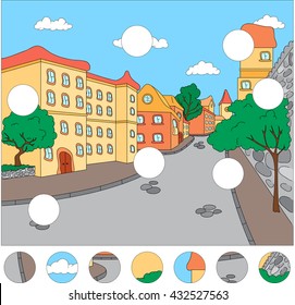 The streets of the old town. Complete the puzzle and find the missing parts of the picture. Educational game for kids