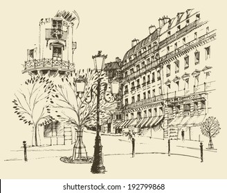 streets in Paris, France, vintage engraved illustration, hand drawn