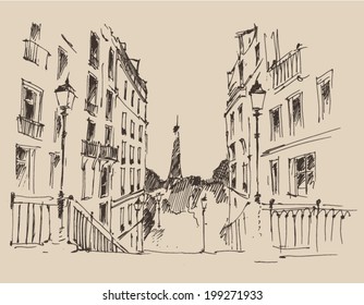 streets in Paris, France, vintage engraved illustration, hand drawn, sketch