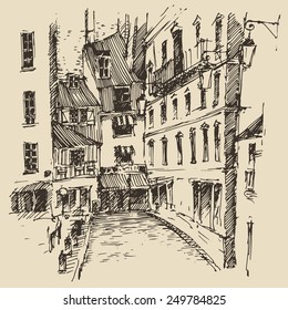 Streets in Paris, France, vintage engraved vector  illustration, hand drawn