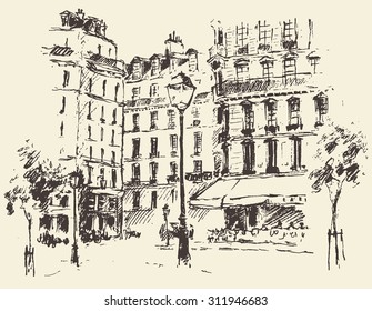 Streets in Paris, France, vintage engraved illustration, hand drawn